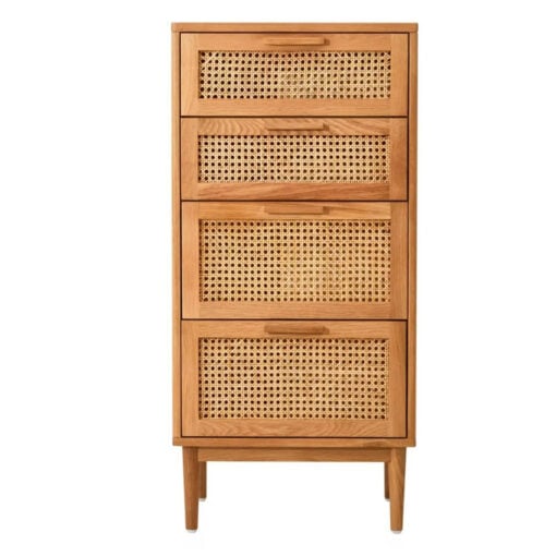 Boho Rustic Solid Light Oak Wood And Rattan Cane 4 Drawer Chest Of Drawers