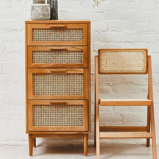 Boho Rustic Solid Light Oak Wood And Rattan Cane 4 Drawer Chest Of Drawers