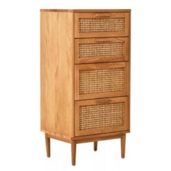 Boho Rustic Solid Light Oak Wood And Rattan Cane 4 Drawer Chest Of Drawers