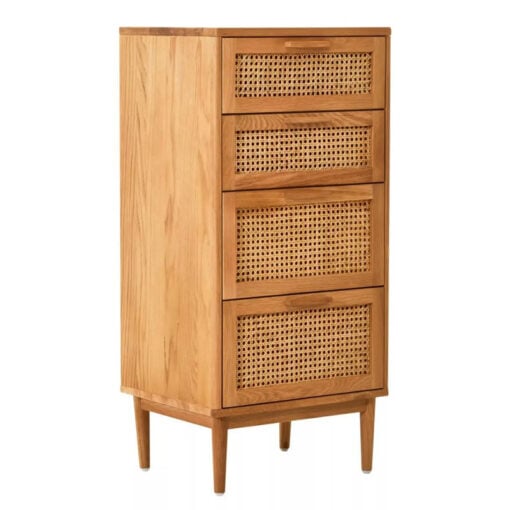 Boho Rustic Solid Light Oak Wood And Rattan Cane 4 Drawer Chest Of Drawers