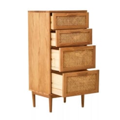 Boho Rustic Solid Light Oak Wood And Rattan Cane 4 Drawer Chest Of Drawers