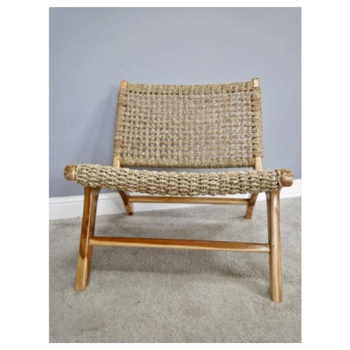 Boho Rustic Solid Teak Wood And Rattan Lazy Accent Chair