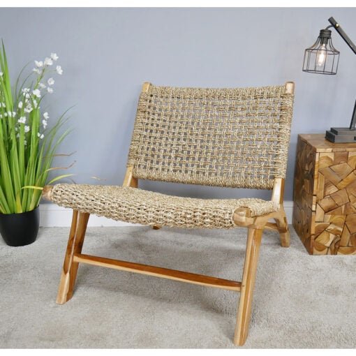 Boho Rustic Solid Teak Wood And Rattan Lazy Accent Chair
