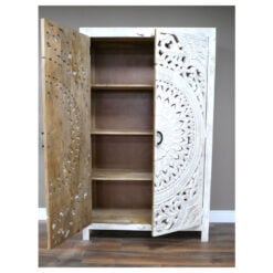 Boho Rustic Solid White Washed Mango Wood Mandala Carved Tall Cabinet Wardrobe 180cm
