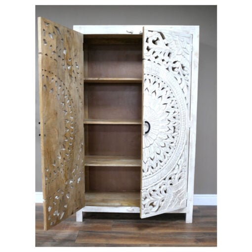 Boho Rustic Solid White Washed Mango Wood Mandala Carved Tall Cabinet Wardrobe 180cm