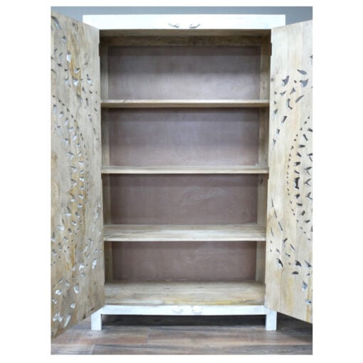 Boho Rustic Solid White Washed Mango Wood Mandala Carved Tall Cabinet Wardrobe 180cm