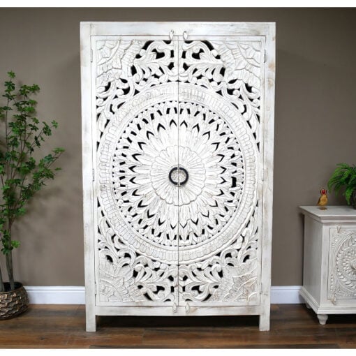 Boho Rustic Solid White Washed Mango Wood Mandala Carved Tall Cabinet Wardrobe 180cm