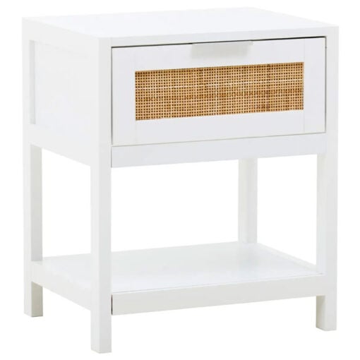Boho Rustic White Wood And Rattan 1 Drawer 1 Shelf Bedside Cabinet Side Table