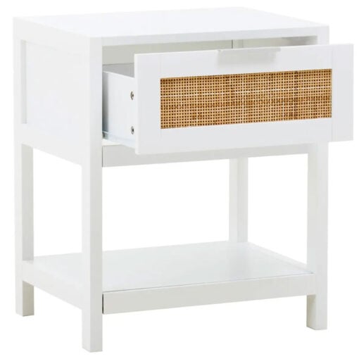 Boho Rustic White Wood And Rattan 1 Drawer 1 Shelf Bedside Cabinet Side Table