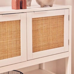 Boho Rustic White Wood And Rattan 2 Door 2 Tier Sideboard Console Table