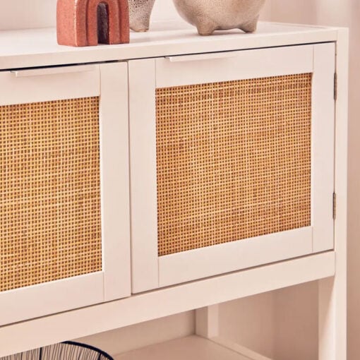Boho Rustic White Wood And Rattan 2 Door 2 Tier Sideboard Console Table