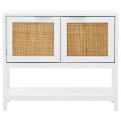 Boho Rustic White Wood And Rattan 2 Door 2 Tier Sideboard Console Table