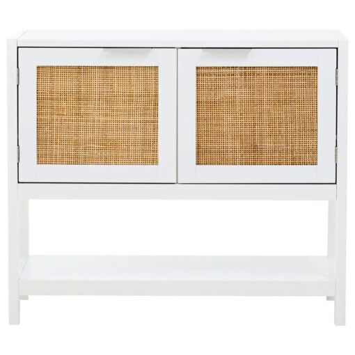 Boho Rustic White Wood And Rattan 2 Door 2 Tier Sideboard Console Table