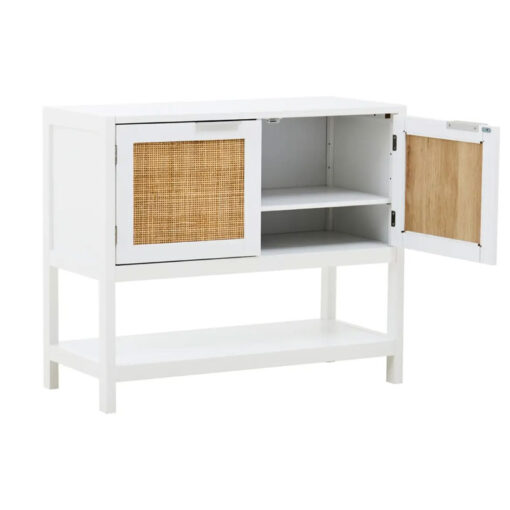 Boho Rustic White Wood And Rattan 2 Door 2 Tier Sideboard Console Table