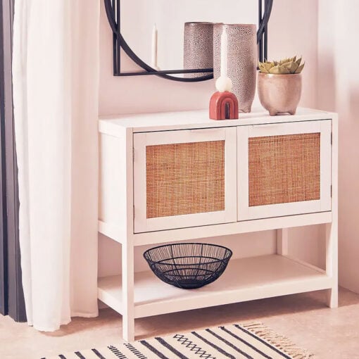 Boho Rustic White Wood And Rattan 2 Door 2 Tier Sideboard Console Table