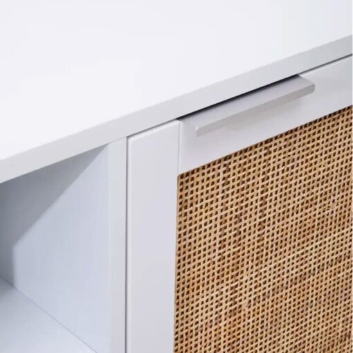 Boho Rustic White Wood And Rattan 2 Door TV Stand Cabinet Media Unit 120cm