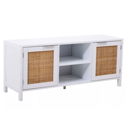 Boho Rustic White Wood And Rattan 2 Door TV Stand Cabinet Media Unit 120cm