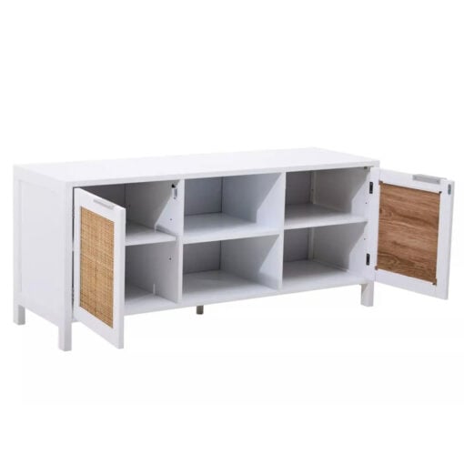 Boho Rustic White Wood And Rattan 2 Door TV Stand Cabinet Media Unit 120cm