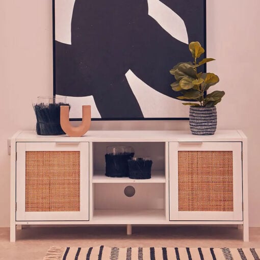 Boho Rustic White Wood And Rattan 2 Door TV Stand Cabinet Media Unit 120cm