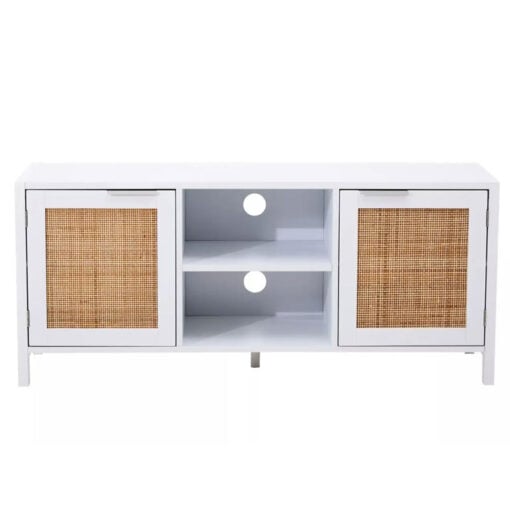 Boho Rustic White Wood And Rattan 2 Door TV Stand Cabinet Media Unit 120cm