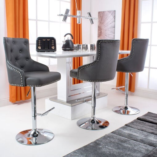 Graphite Grey PU Faux Leather And Silver Chrome Metal Tufted Buttoned Back Bar Stool