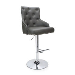 Graphite Grey PU Faux Leather And Silver Chrome Metal Tufted Buttoned Back Bar Stool
