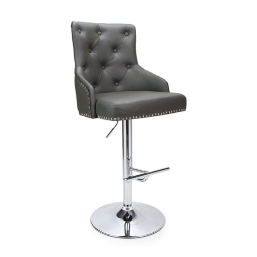 Graphite Grey PU Faux Leather And Silver Chrome Metal Tufted Buttoned Back Bar Stool