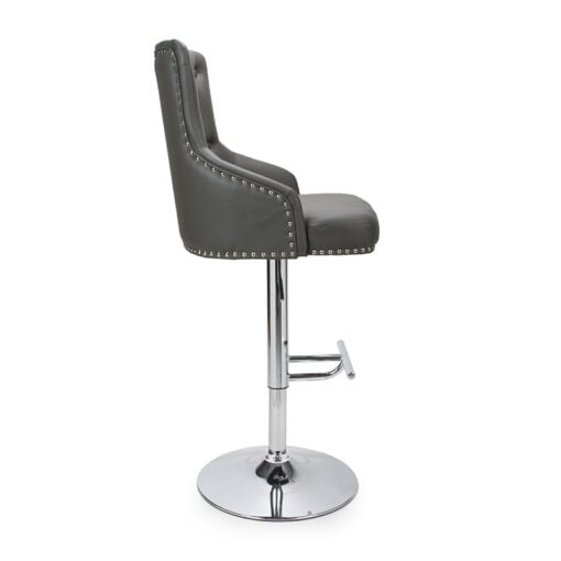 Graphite Grey PU Faux Leather And Silver Chrome Metal Tufted Buttoned Back Bar Stool