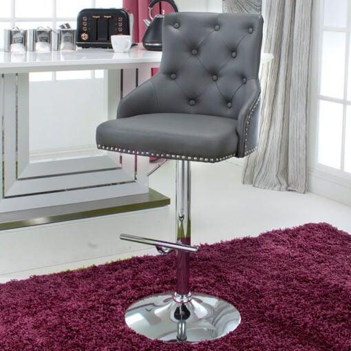 Graphite Grey PU Faux Leather And Silver Chrome Metal Tufted Buttoned Back Bar Stool