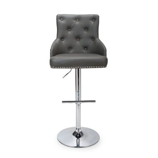 Graphite Grey PU Faux Leather And Silver Chrome Metal Tufted Buttoned Back Bar Stool