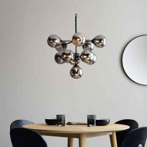 Industrial 11 Light Large Matt Black Metal And Smoked Mirror Glass Ceiling Pendant Chandelier 55cm