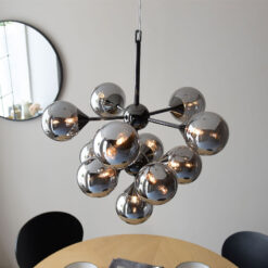 Industrial 11 Light Large Matt Black Metal And Smoked Mirror Glass Ceiling Pendant Chandelier 55cm