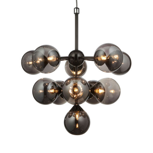 Industrial 11 Light Large Matt Black Metal And Smoked Mirror Glass Ceiling Pendant Chandelier 55cm
