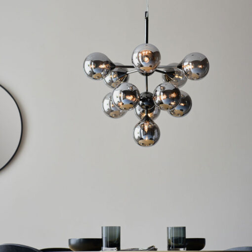 Industrial 11 Light Large Matt Black Metal And Smoked Mirror Glass Ceiling Pendant Chandelier 55cm