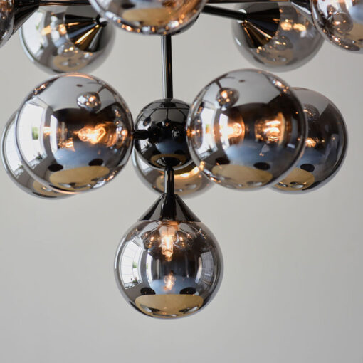 Industrial 11 Light Large Matt Black Metal And Smoked Mirror Glass Ceiling Pendant Chandelier 55cm