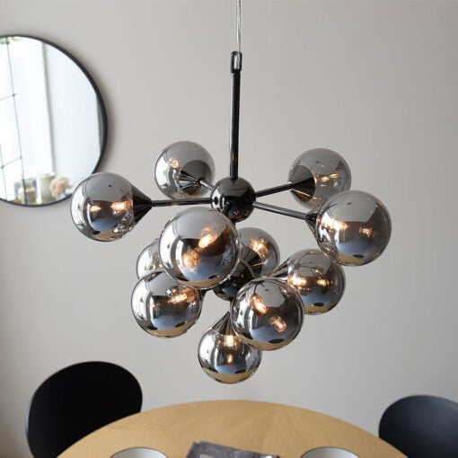 Industrial 11 Light Large Matt Black Metal And Smoked Mirror Glass Ceiling Pendant Chandelier 55cm