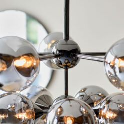 Industrial 11 Light Large Matt Black Metal And Smoked Mirror Glass Ceiling Pendant Chandelier 55cm