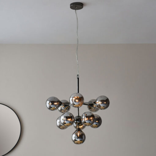 Industrial 11 Light Large Matt Black Metal And Smoked Mirror Glass Ceiling Pendant Chandelier 55cm