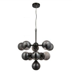 Industrial 11 Light Large Matt Black Metal And Smoked Mirror Glass Ceiling Pendant Chandelier 55cm