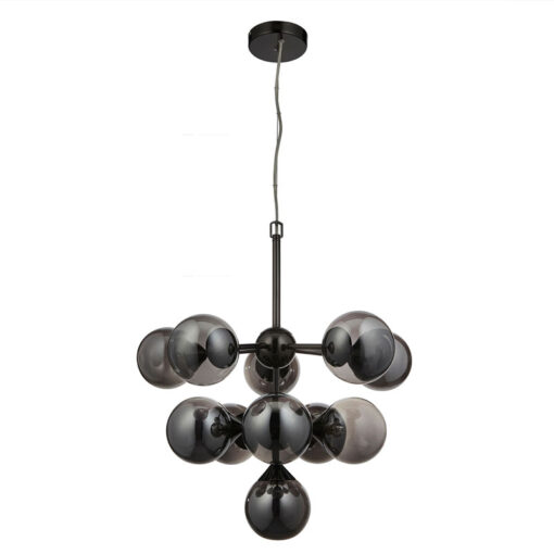 Industrial 11 Light Large Matt Black Metal And Smoked Mirror Glass Ceiling Pendant Chandelier 55cm