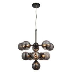 Industrial 11 Light Large Matt Black Metal And Smoked Mirror Glass Ceiling Pendant Chandelier 55cm
