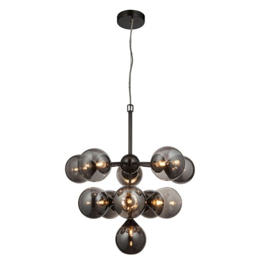 Industrial 11 Light Large Matt Black Metal And Smoked Mirror Glass Ceiling Pendant Chandelier 55cm