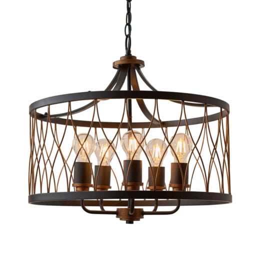 Industrial 5 Light Matt Black And Rustic Bronze Metal Ceiling Pendant 52cm