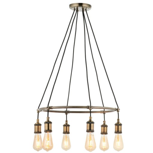 Industrial 6 Light Antique Brass Metal Semi Flush Ceiling Pendant Chandelier 36cm