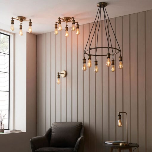 Industrial 6 Light Antique Brass Metal Semi Flush Ceiling Pendant Chandelier 36cm