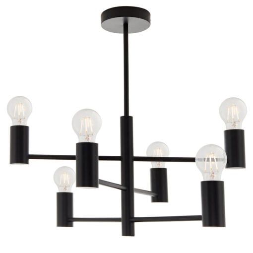 Industrial 6 Light Large Matt Black Metal Ceiling Pendant Chandelier 55cm