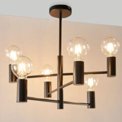 Industrial 6 Light Large Matt Black Metal Ceiling Pendant Chandelier 55cm
