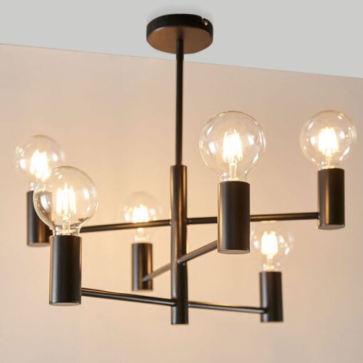 Industrial 6 Light Large Matt Black Metal Ceiling Pendant Chandelier 55cm
