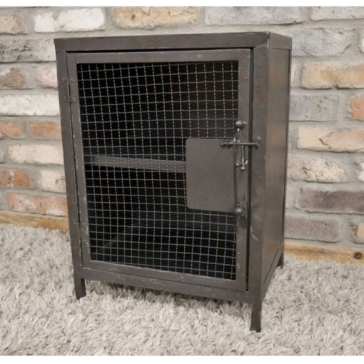 Industrial Antique Black Metal 1 Wire Mesh Door Bedside Cabinet Side Table