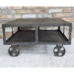 Industrial Antique Black Metal 2 Tier Coffee Table With Wheels 69cm